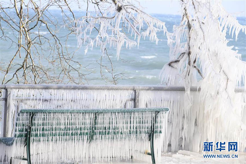 寒波到來で冬に逆戻り、氷柱に囲まれた湖畔　スイス