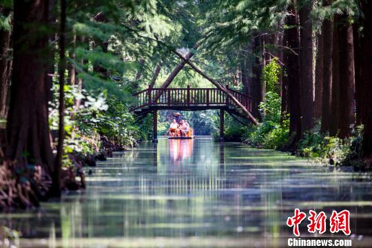 森の中を流れる川に浮かぶ船（撮影?湯徳宏）。