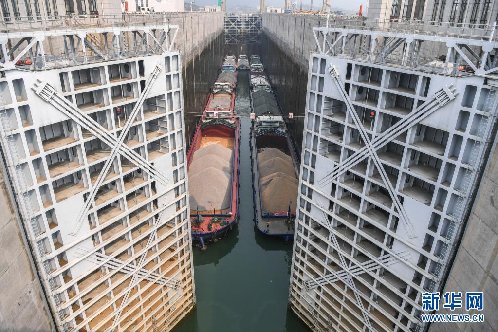 3月31日、広西大藤峽水利ターミナルの閘門が開き、通航する船舶（撮影?曹禕銘）。