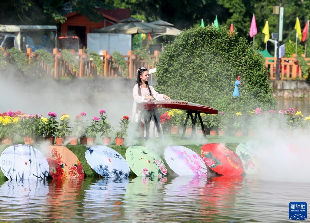 10月23日、四川省華鎣市華竜街道（エリア）で開かれた菊花展で箏を演奏する演奏者（撮影?邱海鷹）。