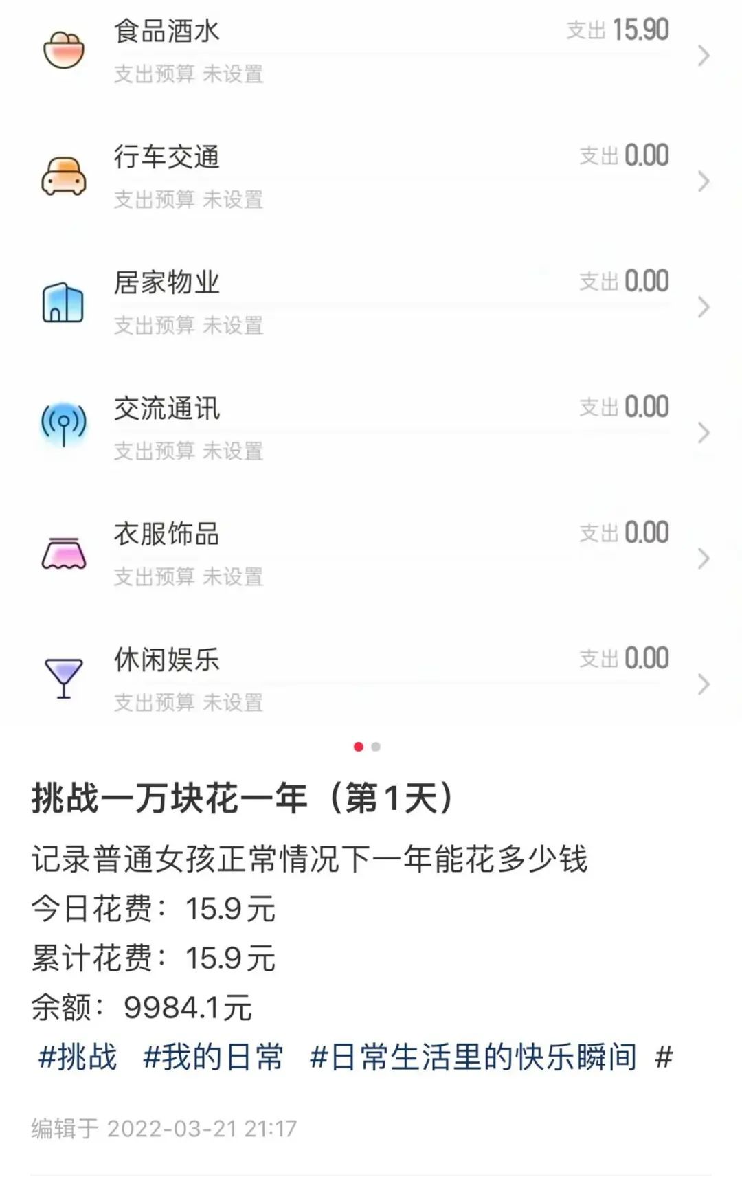 「1年間の生活費1萬元」という目標(biāo)を定めた1日目の家計簿（畫像は李雨さんが提供）。