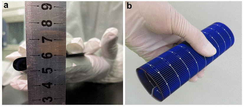 畫像a フレキシブル太陽光電池シリコンウェハの曲げ半徑は5ミリメートル以下。 畫像b フレキシブル太陽光電池の曲げ角度は360度以上。