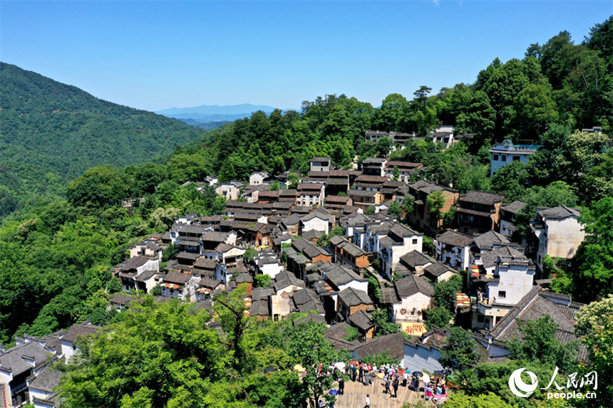 青々と木々が茂る山に囲まれた婺源県の篁嶺村（撮影?時雨）。