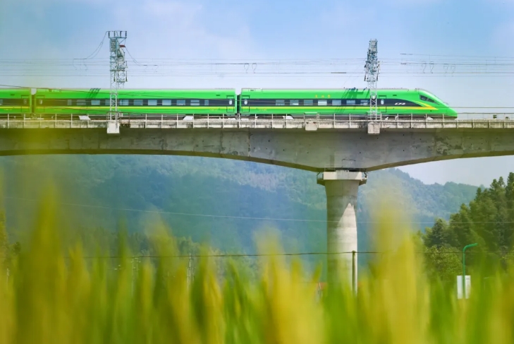 清流駅を出発し、高架を走行する「緑巨人」（撮影?張海根）。